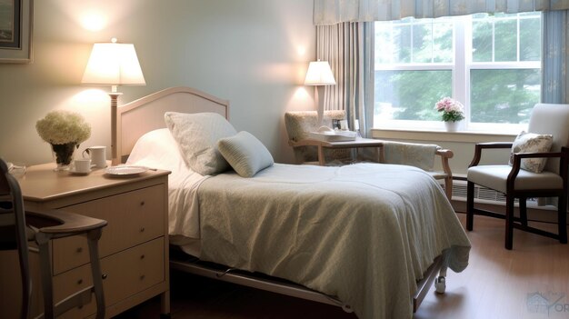 Foto comfortabele hospice kamer met zacht beddengoed en persona _24xjpg