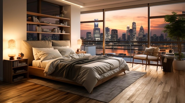 Foto comfortabele moderne slaapkamer met elegante decoratie en gezellig