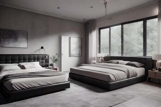 comfortabele moderne slaapkamer met elegante decoratie en verlichting