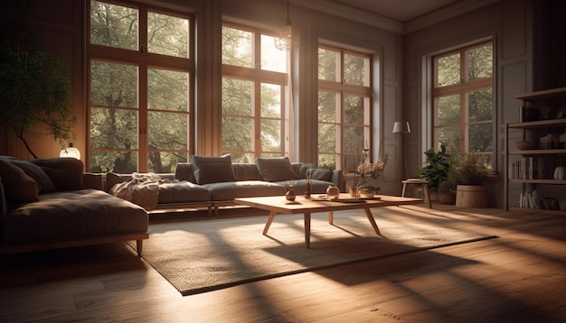 Comfortabele moderne woonkamer met natuurlijke houten vloeren gegenereerd door AI