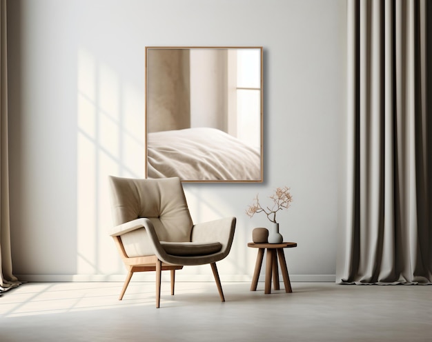 Comfortabele stoel in een lichte kamer met een groot schilderij van een bed aan de muur