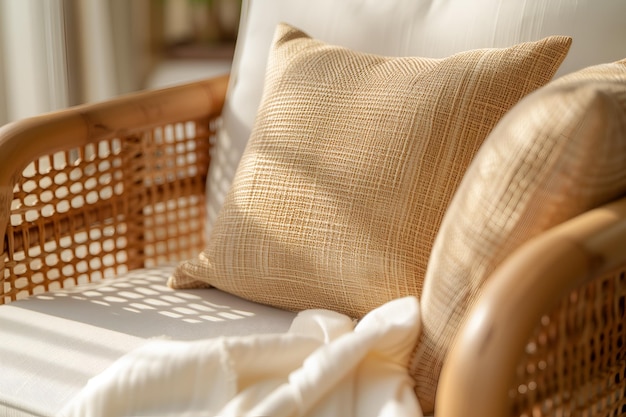 Comfortabele wicker stoel met kussens in de kamer in de ochtend licht close-up