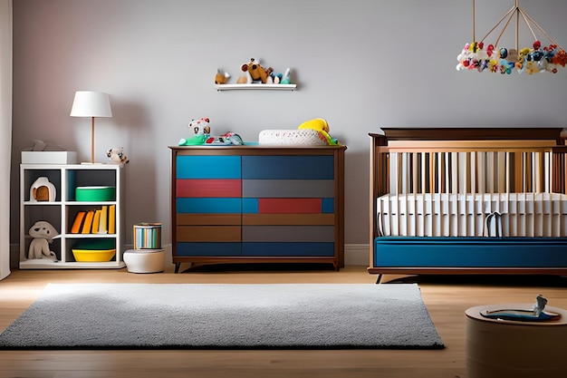 Comfortabele wieg dichtbij muur met kleurenplanken in babyruimte