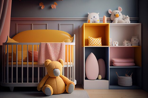 Comfortabele wieg dichtbij muur met kleurenplanken in babyruimte