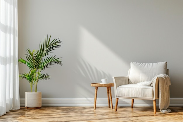 Удобный кресло, прилавок и комнатное растение
