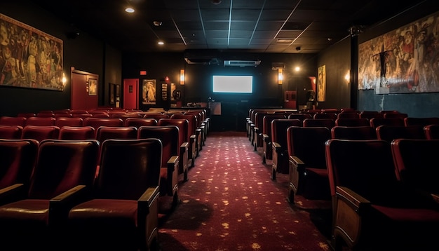 Comfortable armchairs in modern movie theater auditorium generated by AI