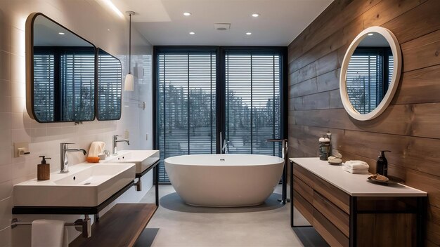 Comfortable bathtub and double sink standing in modern bathroom with white and wooden walls