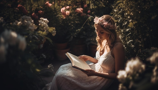 A comfortable bed in a fairy dress reading outdoors smiling generated by AI