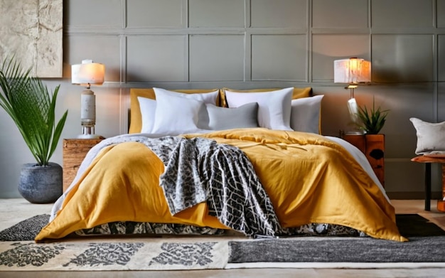 A comfortable bed with a duvet in yellow and light gray Cool decor concept