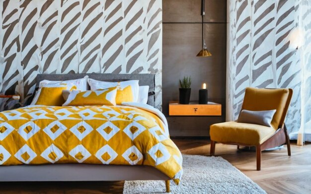 A comfortable bed with a duvet in yellow and light gray Cool decor concept