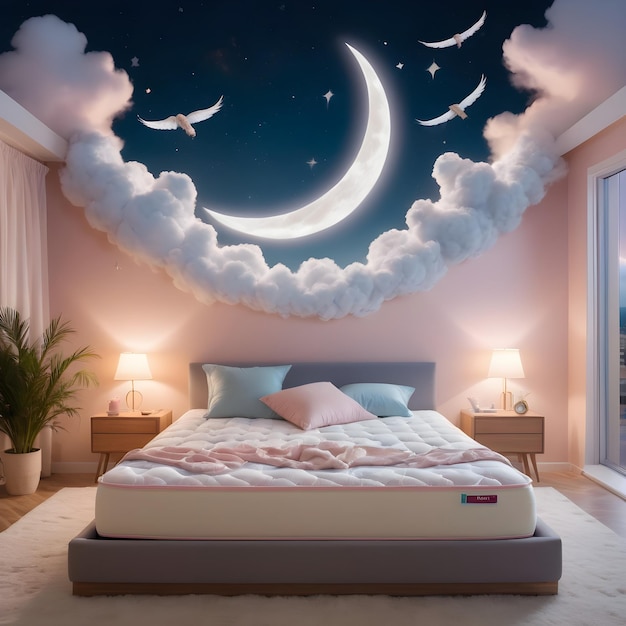 Comfortable bed with the moon and stars in the sky