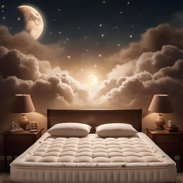 Comfortable bed with the moon and stars in the sky