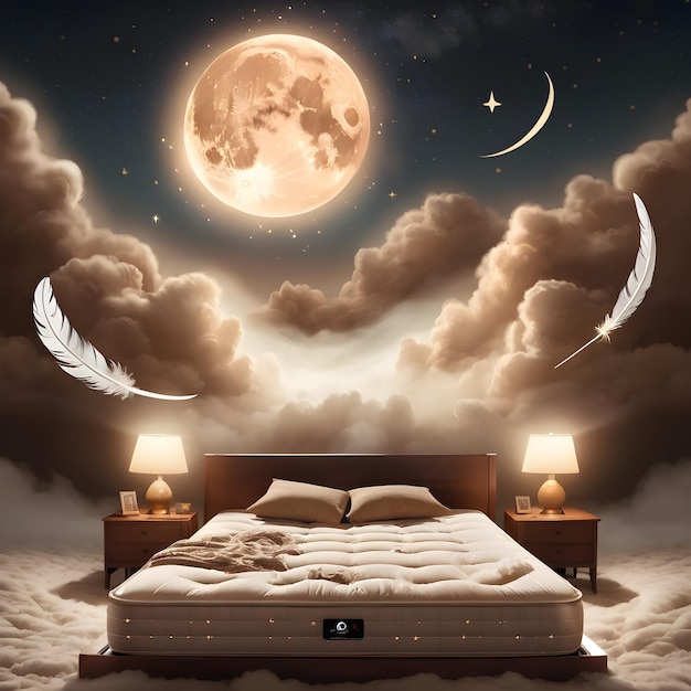 Comfortable bed with the moon and stars in the sky