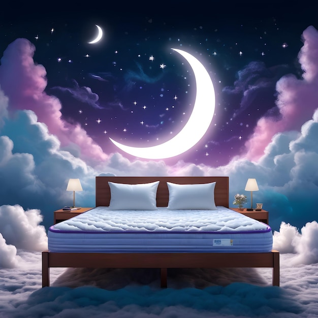 Comfortable bed with the moon and stars in the sky