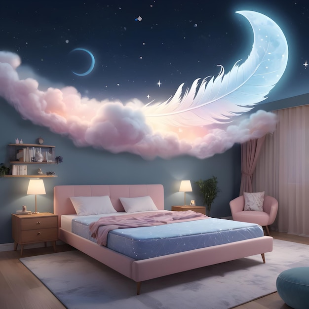 Comfortable bed with the moon and stars in the sky