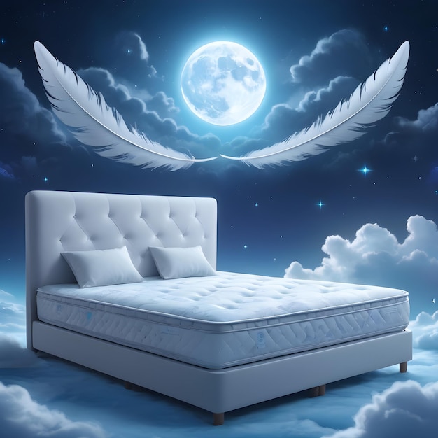 Comfortable bed with the moon and stars in the sky