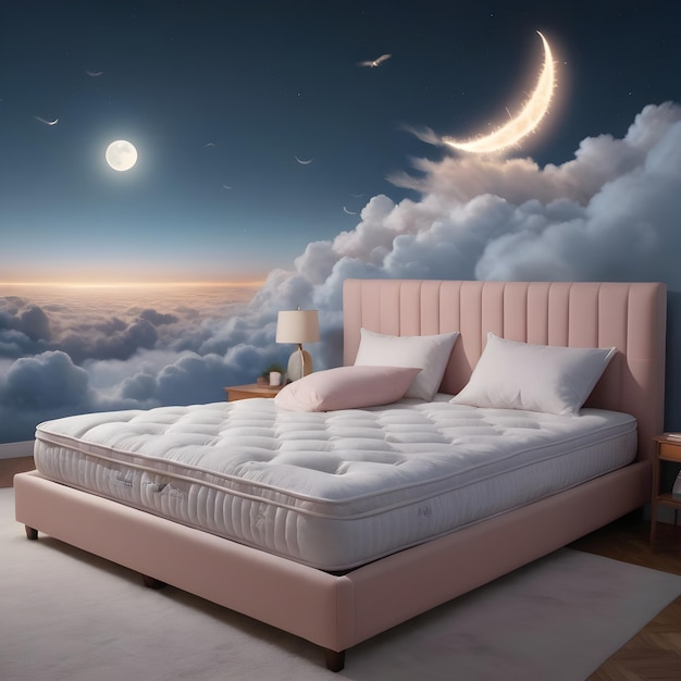 Comfortable bed with the moon and stars in the sky