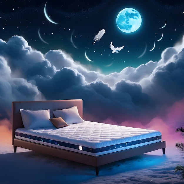 Photo comfortable bed with the moon and stars in the sky