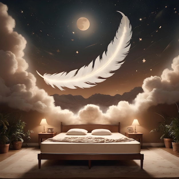 Comfortable bed with the moon and stars in the sky