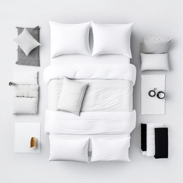 Comfortable bed with white duvet and pillows Some cushions and cups around White backdrop Top view Generative AI