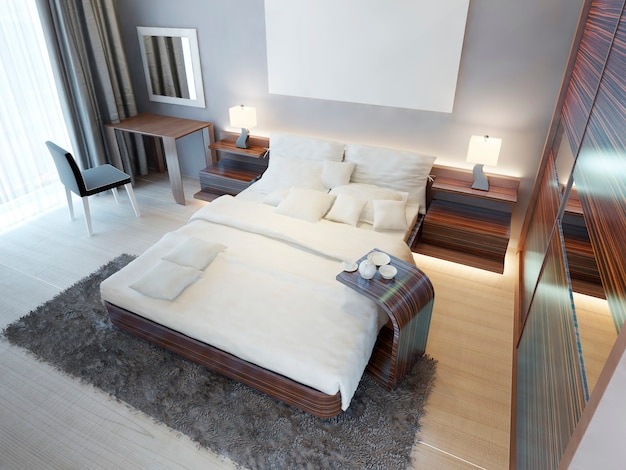 茶色の家具ゼブラノを備えた現代的なスタイルの快適なベッドルーム。化粧台、キングサイズのベッド、鏡付きの大きなスライディングワードローブ。 3dレンダリング。