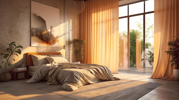 удобная большая кровать в спальне с лучами утреннего солнца