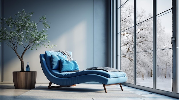 Comodo divano chaise longue blu contro la finestra interior design del  soggiorno moderno