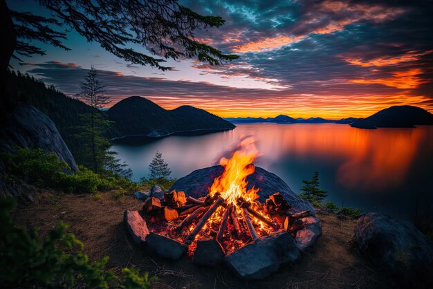 Photo comfortable campfire in the rocky mountains