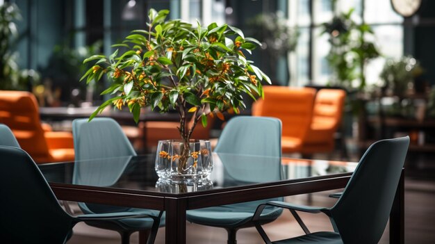 Comfortable chair and plant on a table in a modern dining room