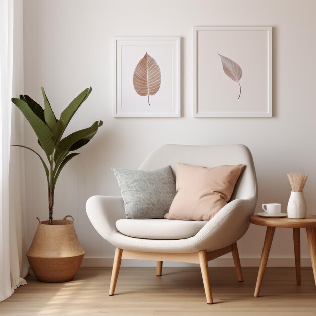 A Comfortable Chair Sits in a Room with a Plant and Some Pictures