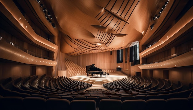 Comfortable chairs in a modern auditorium illuminated for a performance generated by AI