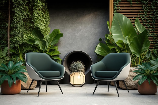 Comfortable chairs on modern patio next to fireplace against background of green plants created with