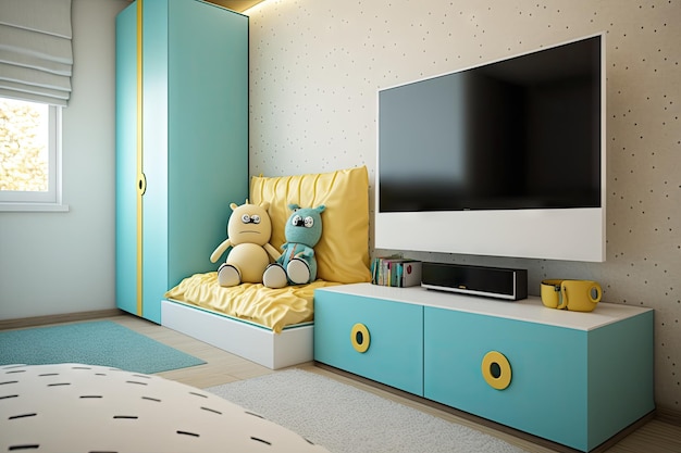 Comfortable childrens bed in modern child room against wall with tv stand created with generative ai