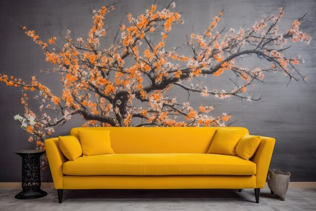 A comfortable couch close to a vibrant wall