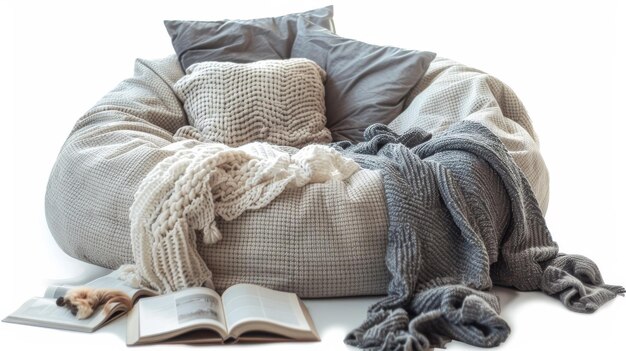 床 に 枕 と 本 を 置い て いる 快適 な ソファ