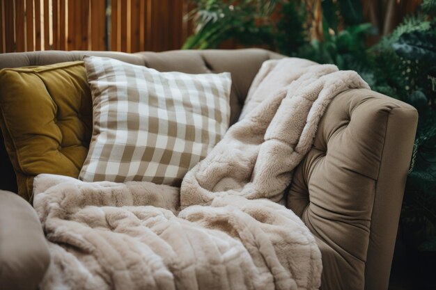 Comfortable couch with soft blanket draped over it Perfect for creating warm and inviting atmosphere