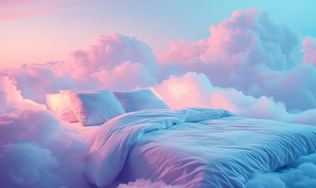 A comfortable cozy bed surrounded by fluffy clouds perfect relaxing bedtime
