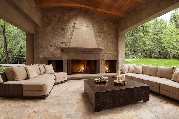 Comfortable cozy house exterior terrace with fireplace and furniture