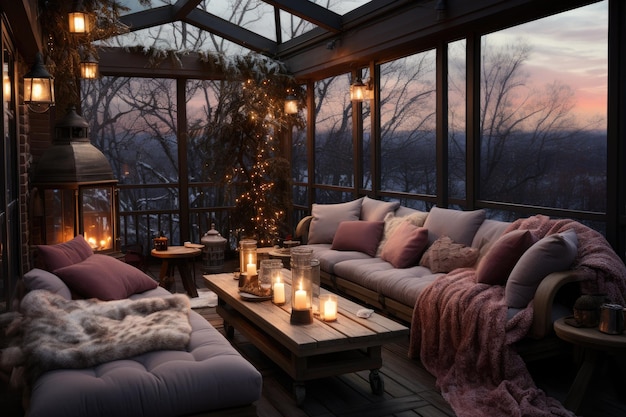 Комфортное и уютное зимнее украшение на террасе, идеи домашнего декора, вдохновение