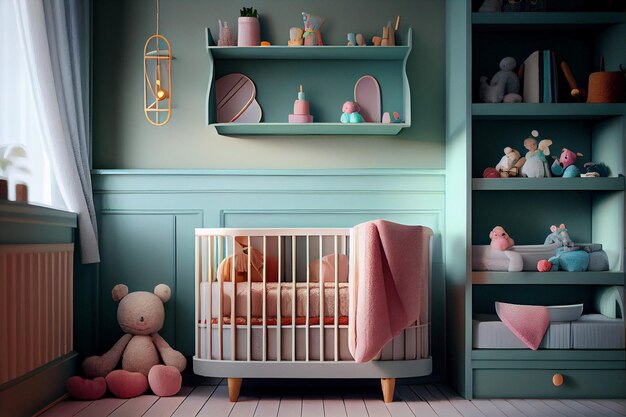 Comfortable crib near wall with color shelves in baby room