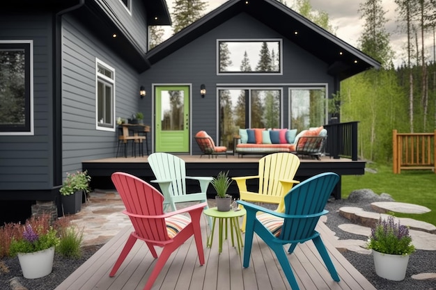 Comfortable deck with bright chairs and modern patio behind house created with generative ai