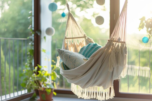 Comfortable hammock chair adorned with cushions Generative AI