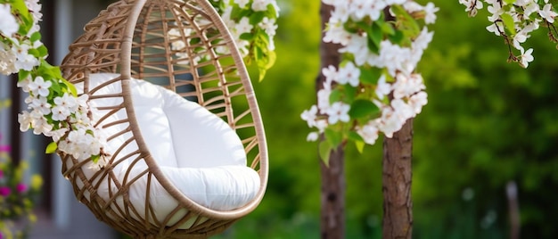 Фото Удобное висячее плетеное белое кресло в летнем саду уютное место для отдыха в выходные в саду