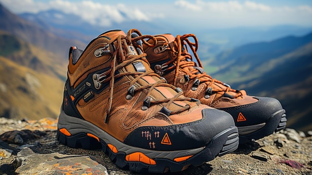 AI が生成した山の雨の日を背景に岩の上に快適なハイキング ブーツが立っています。