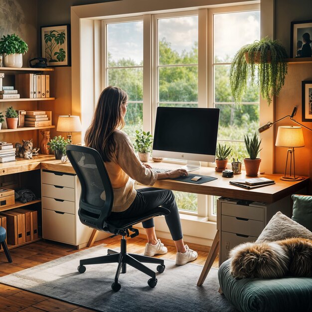 Photo comfortable home office with nature view
