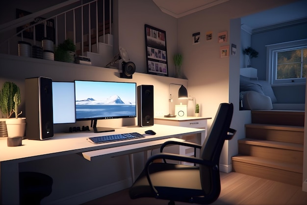 Comfortable home office workplace Desk of gamer with computer AI generated