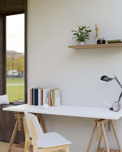 Comfortable home workplace interior with white study table and decor