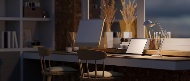 Comfortable home workspace at night with laptop mockup table lamp on table