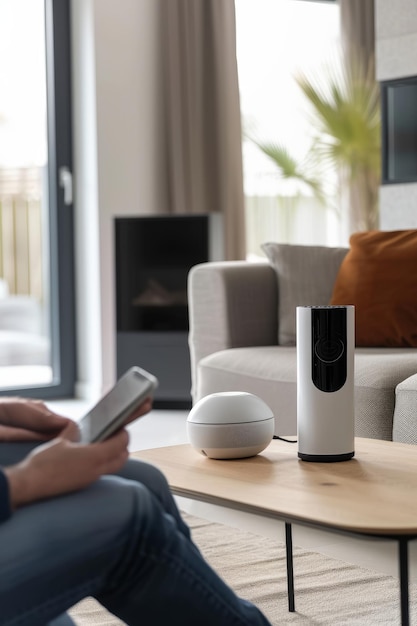 Photo comfortable living room featuring smart home technology with a user controlling devices via smartphone