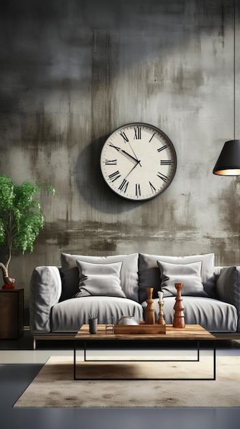 Comfortable Living Room With Couch and Wall Clock